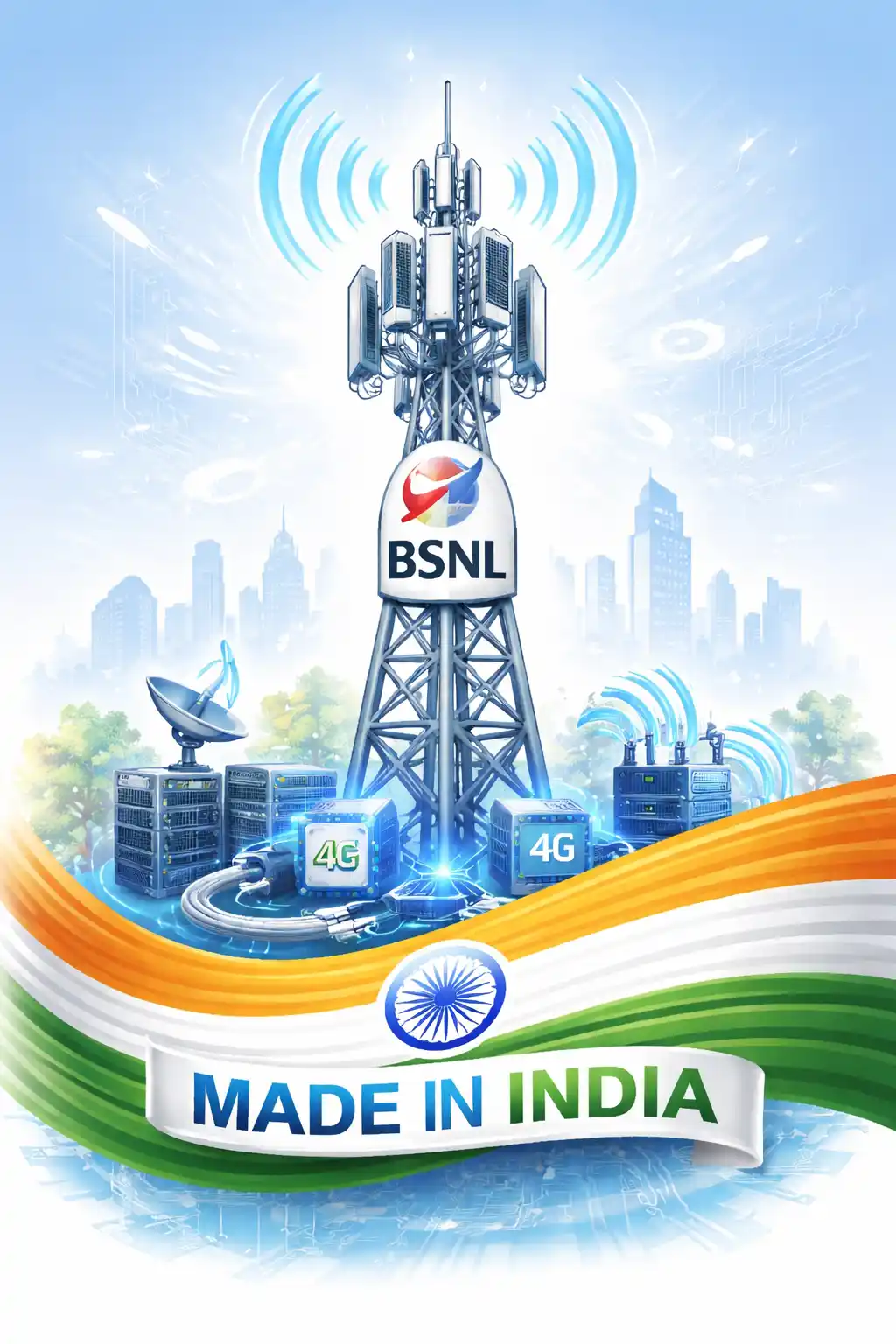 BSNL 4G tower with Made in India telecom technology concept illustration