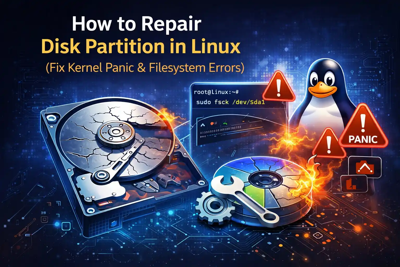 How to repair disk partition in Linux using fsck and fix kernel panic error